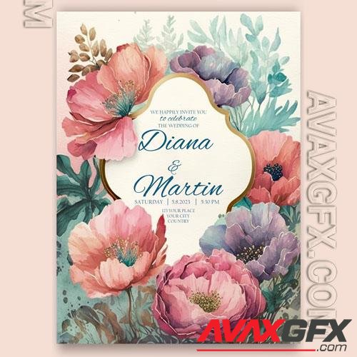 Beautiful psd wedding invitation for a wedding with watercolor flowers