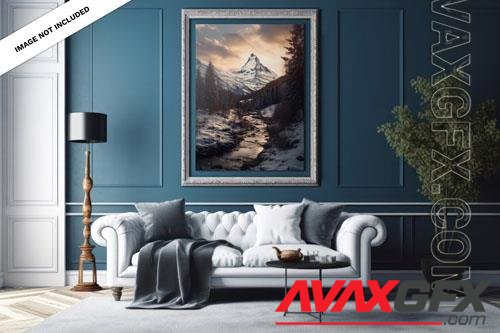 PSD a portrait canvas mockup in a blue elegant living room