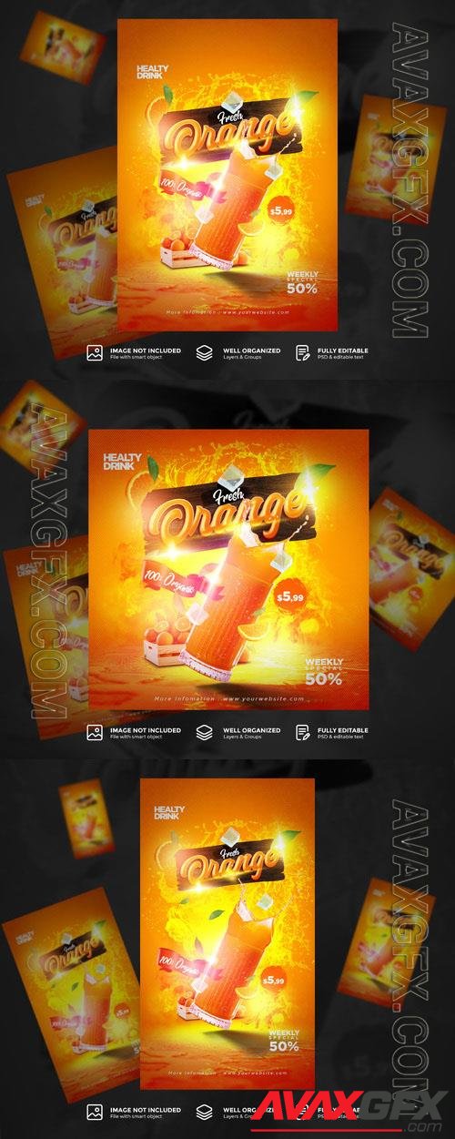 PSD fresh orange drink menu promotion poster flyer template