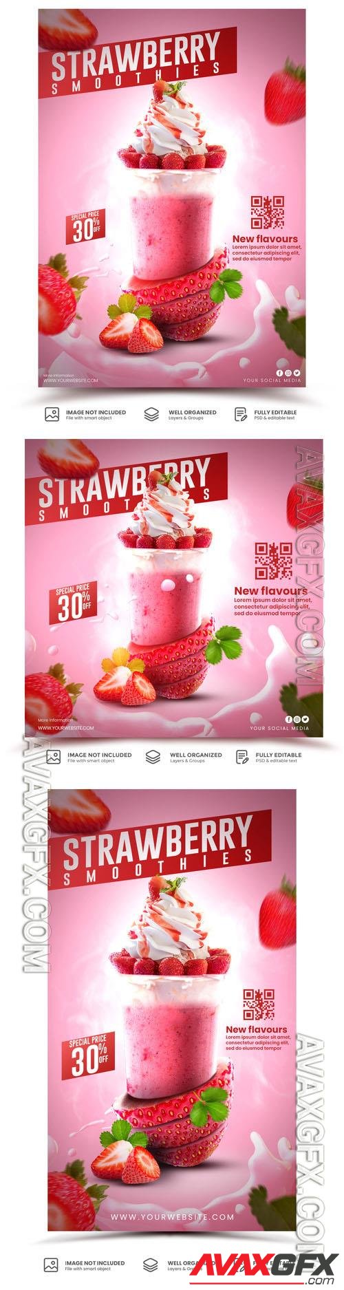 PSD strawberry smoothies drink menu flyer template