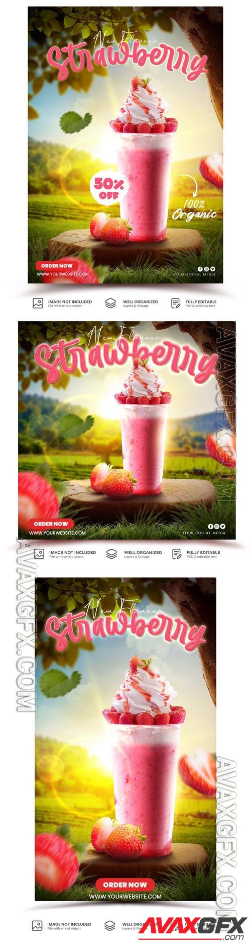 PSD strawberry milkshake promotional menu promotion element template