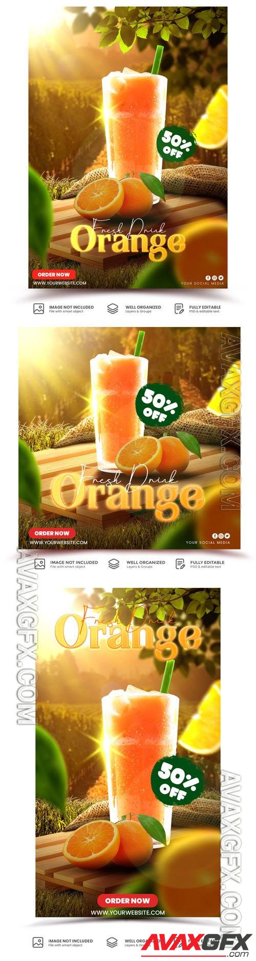 PSD flyer promoting fresh orange juice is displayed on the drink menu template