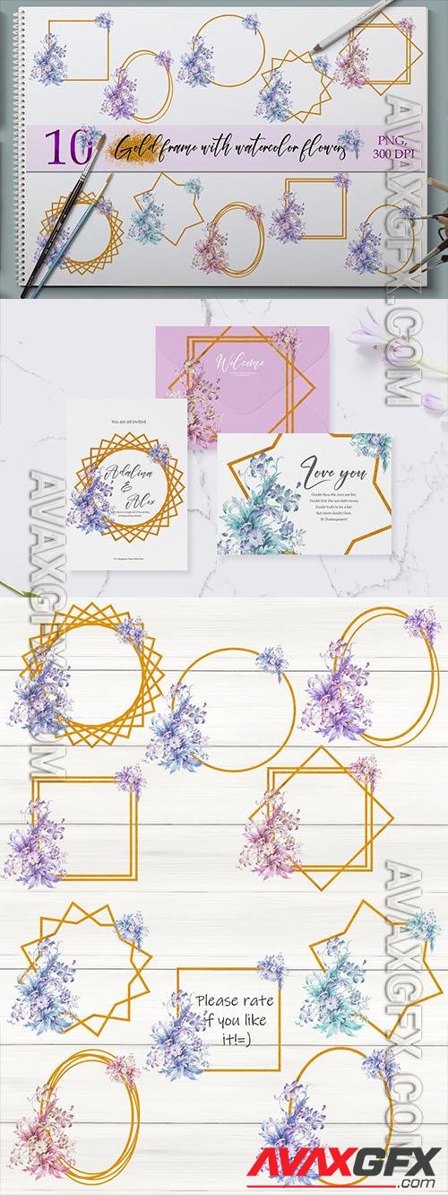 Set of gold Frames with watercolor flowers