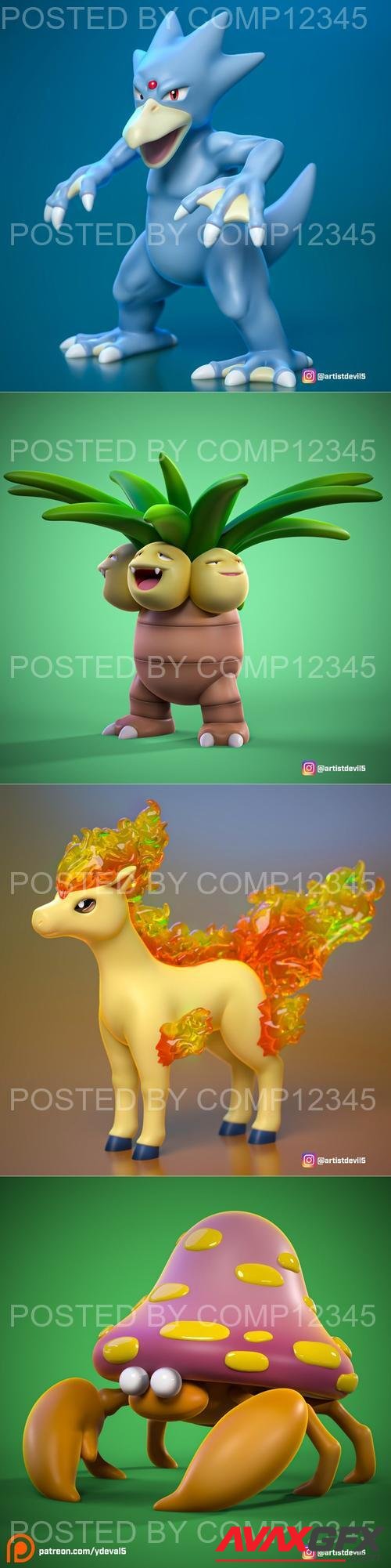 Golduck and Exeggutor and Ponyta and Parasect 3D Print