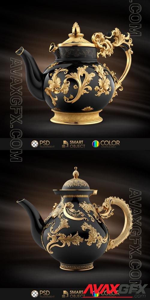 Teapot with gold leaves and a black background