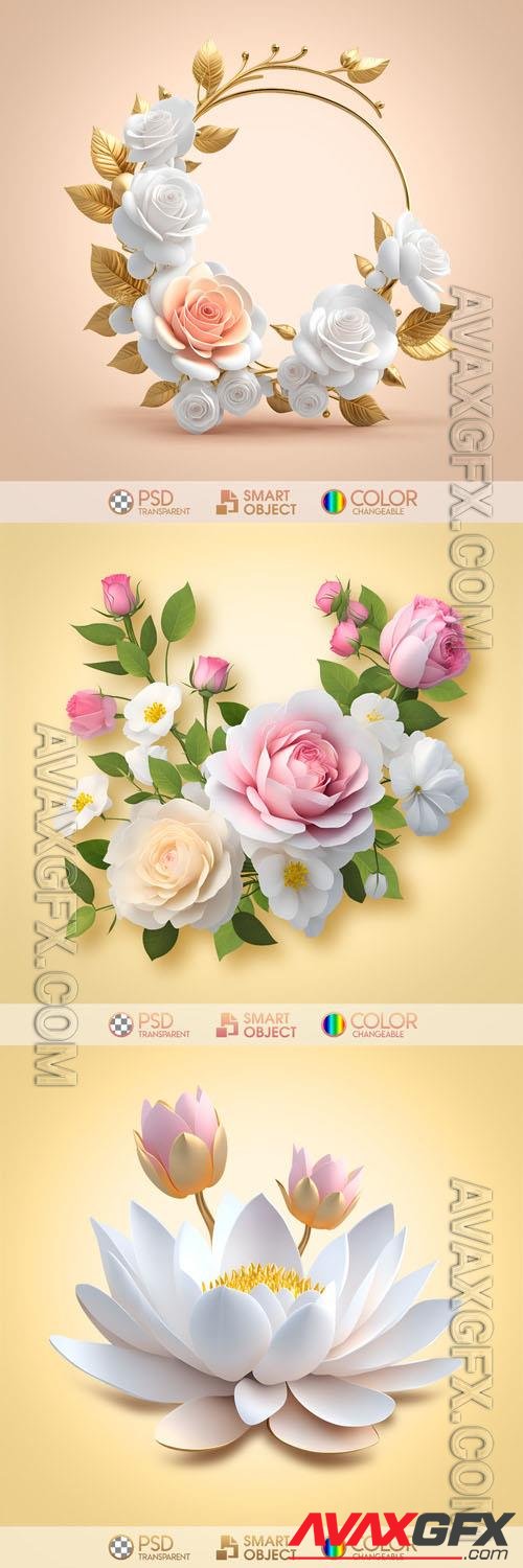 Pink and white roses, lotus in psd