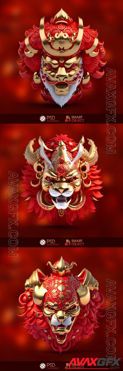 Chinese dragon, red and gold lion head with gold accents and a gold crown