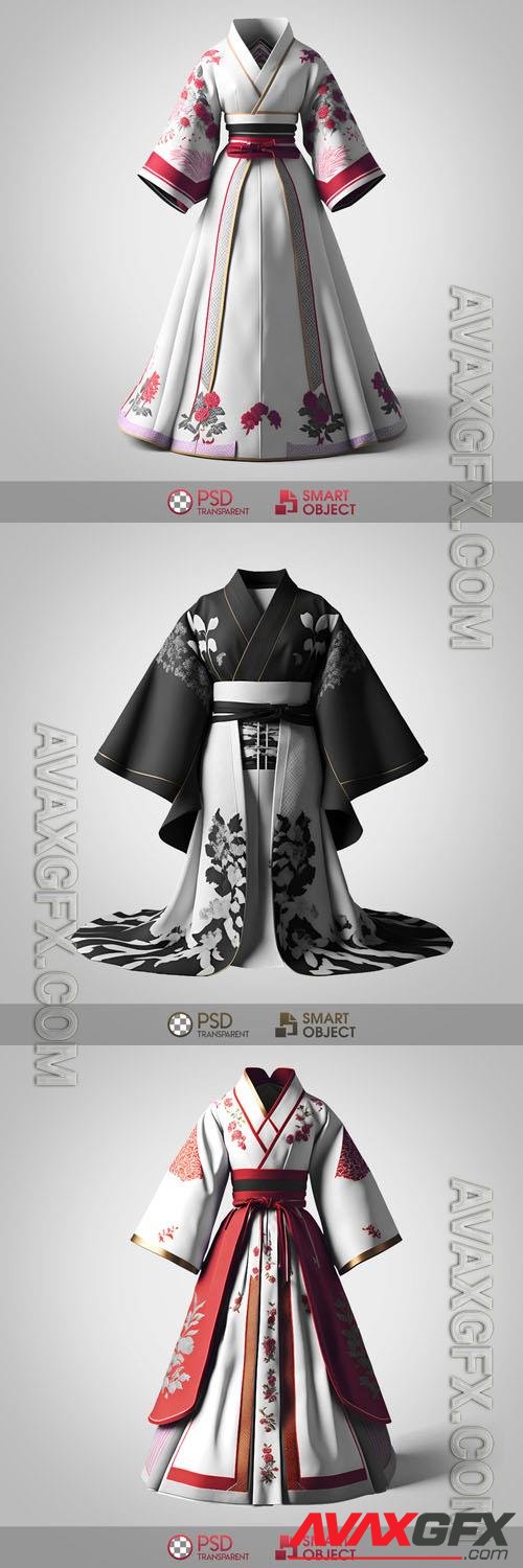 Black and white kimono, dress with flowers in psd