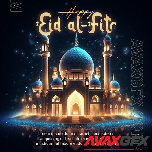 Psd 3d render happy eid alfitr social media post with mosque