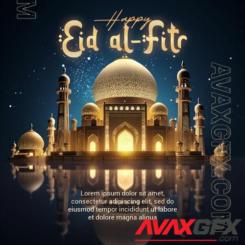 Psd 3d render happy eid alfitr social media post with mosque in the background