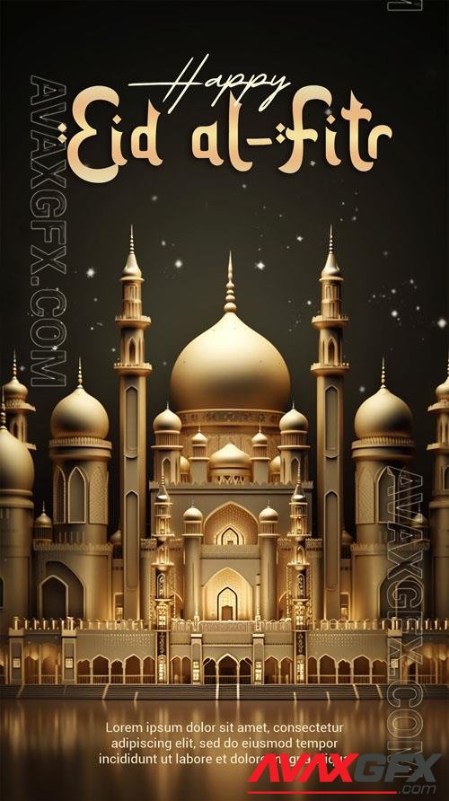 Psd 3d render happy eid alfitr poster with mosque background