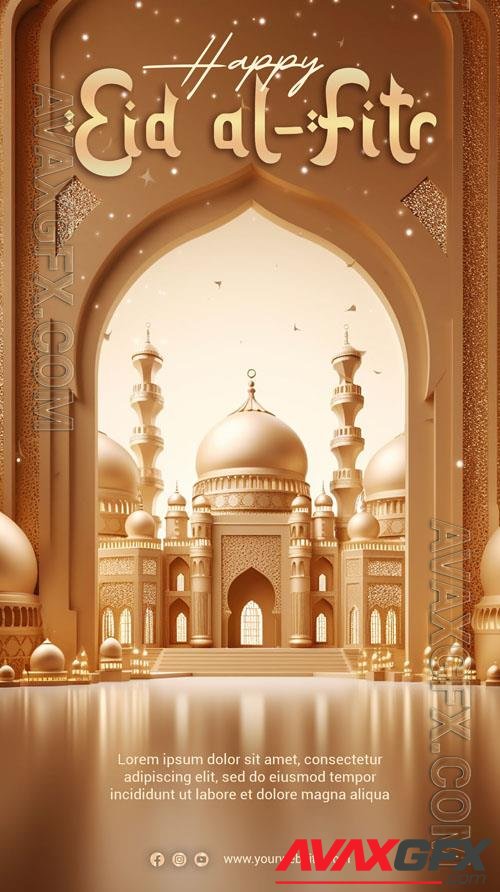 Happy eid alfitr psd poster with mosque background 3d render
