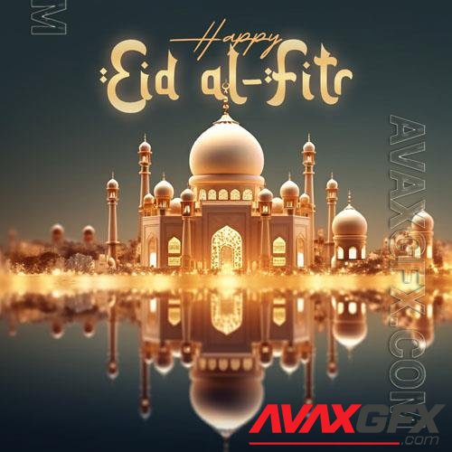 3d render happy eid alfitr social media psd post with mosque in the background