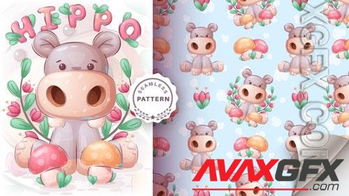 Vector seamless pattern cartoon character adorable hippopotamus