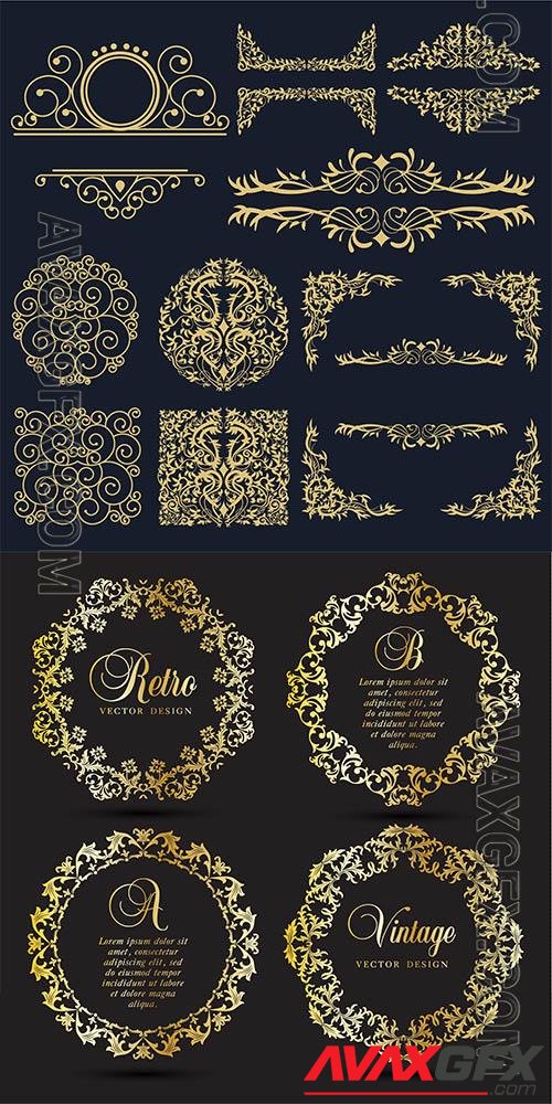 Golden frames, ornaments, swirls, borders in vector