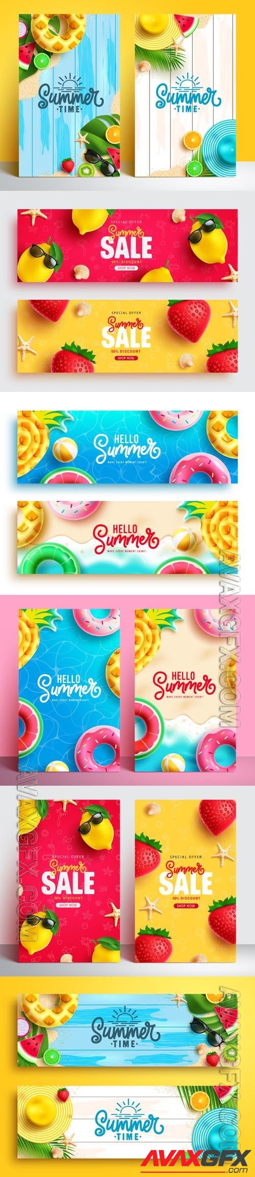 Summer vector set banner design, summer big discount sale text flyers promotion