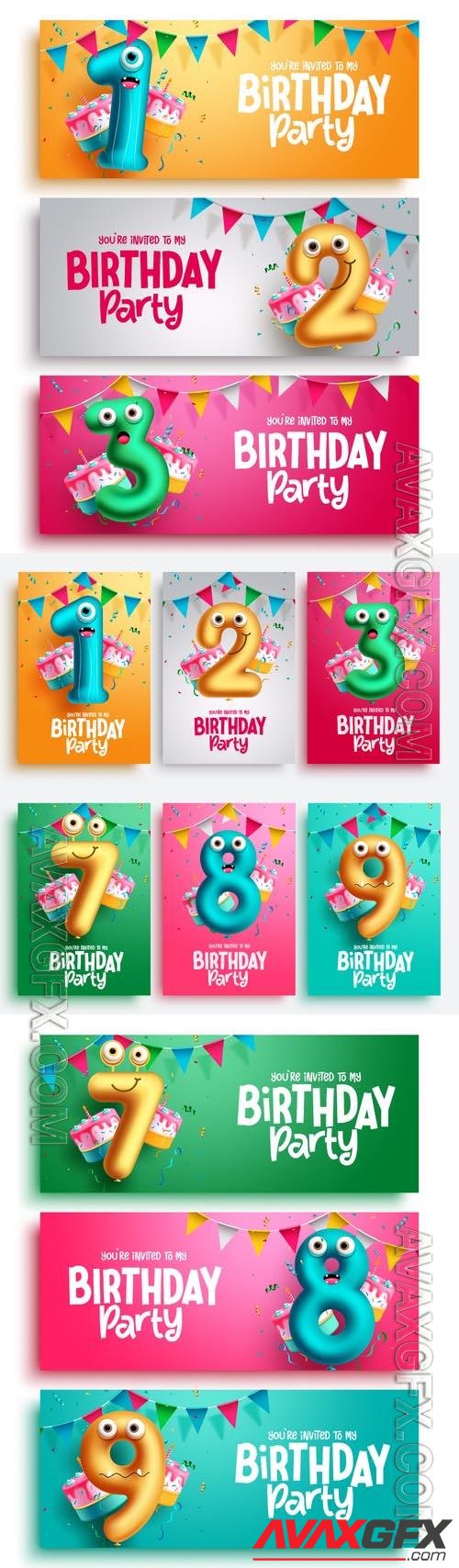 Birthday party vector set design, character balloons in number balloon collection