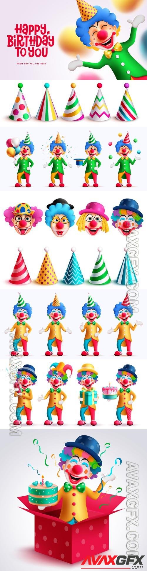 Birthday clown character vector design, happy birthday text design
