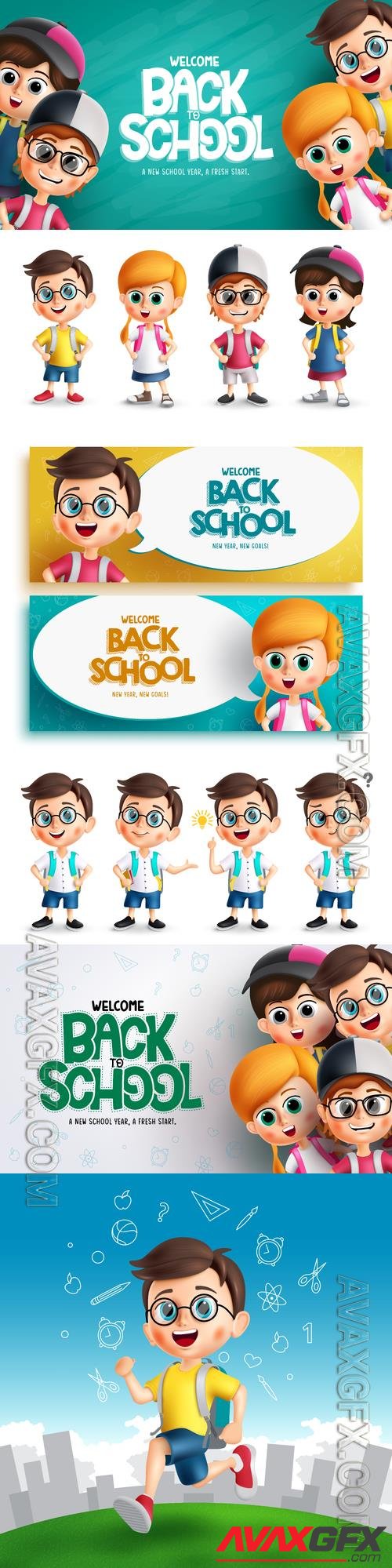 Vector back to school, school text with student characters in chalkboard element