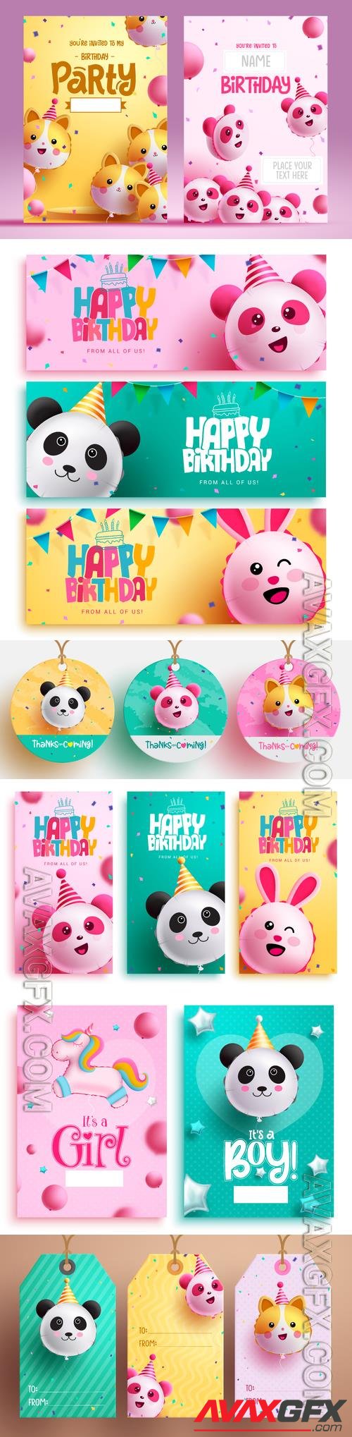 Happy birthday vector banner set,  birthday greeting card with inflatable character