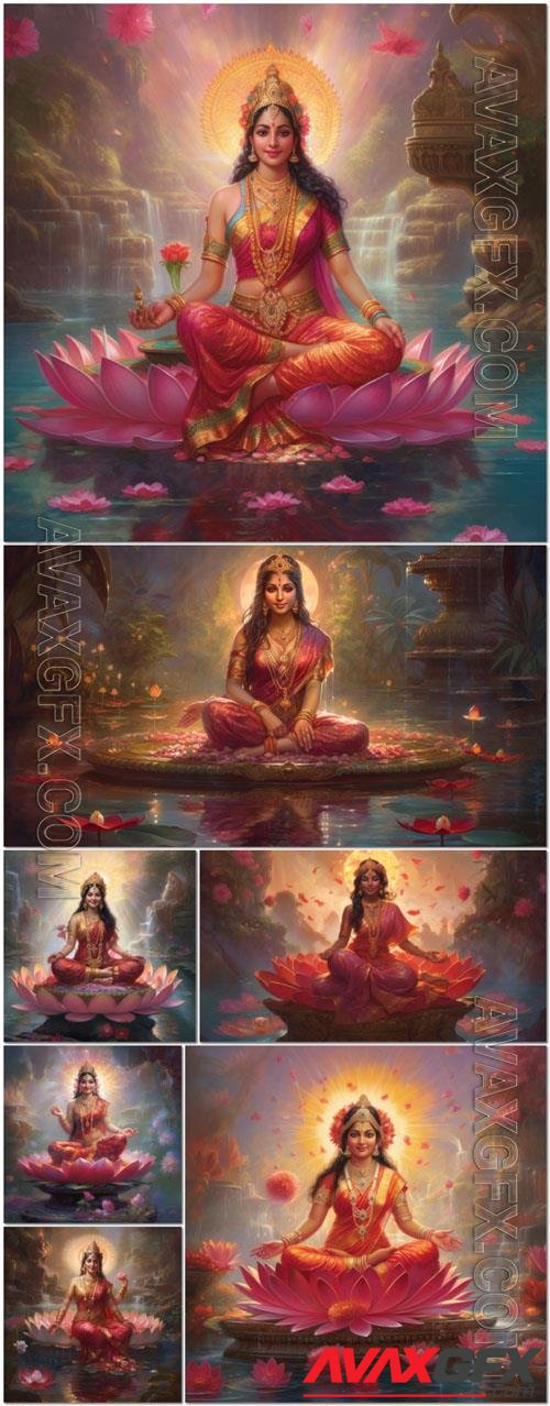 Photo cultural goddess laxmi smiling sitting on the lotus