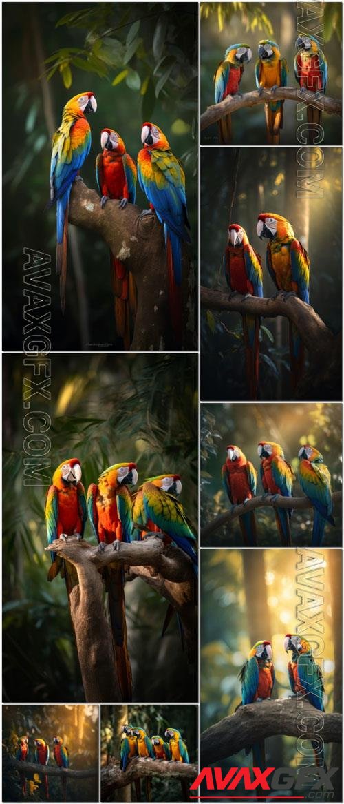 Photo colorful macaws perched on a tree branch