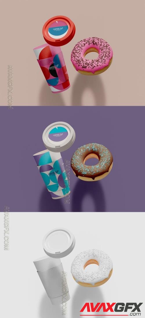 Flying Paper Coffee Cup and Donut Mockup 607867579 [Adobestock]