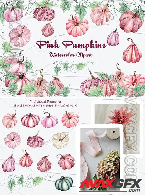 Watercolor Pink Pumpkins Clipart [PNG]