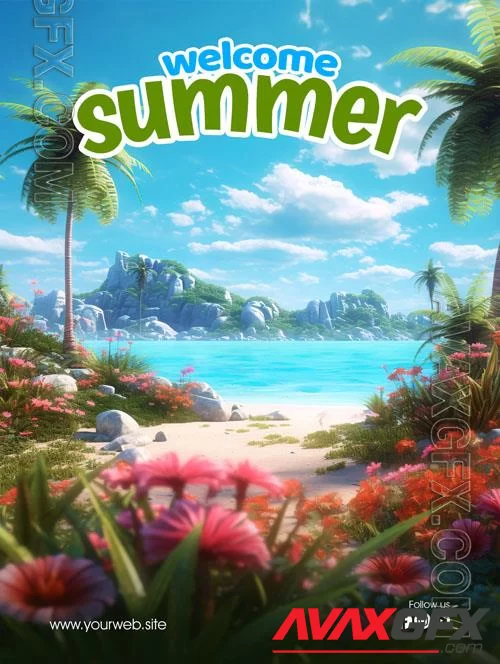 Psd poster for a summer vacation with palm trees and flowers