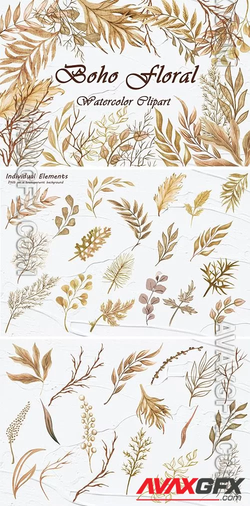 Boho Greenery Watercolor Clipart [PNG]