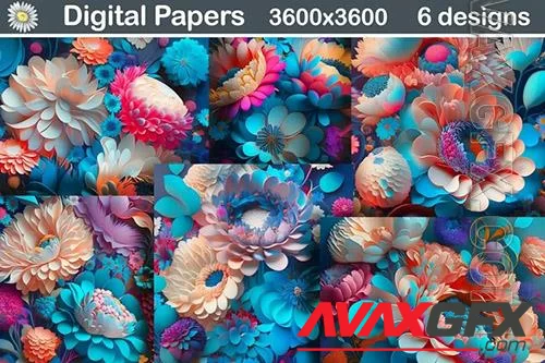 Digital Paper 3D Blue Flowers Background