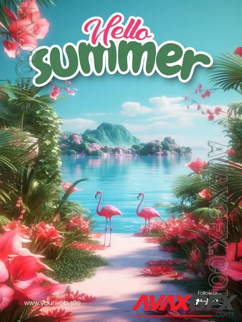 Psd poster for a summer vacation with flamingos on it