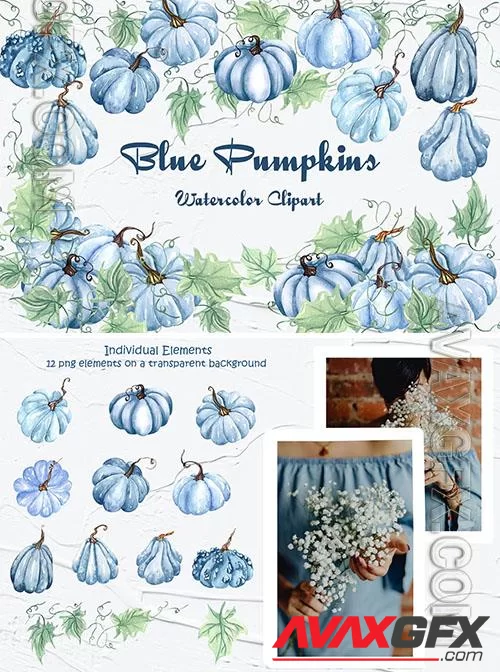 Blue Pumpkins Watercolor Clipart [PNG]