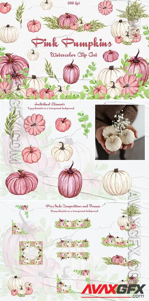 Pink Pumpkins Watercolor Clipart [PNG]