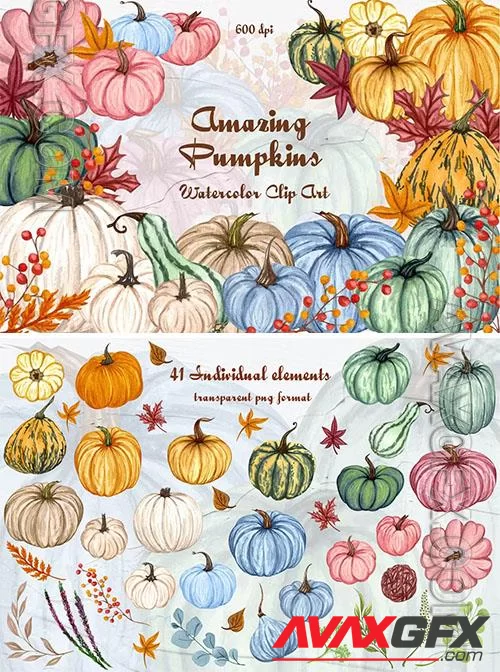 Pumpkin Watercolor Clipart Fall Clipart [PNG]