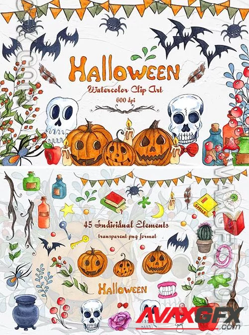 Halloween Watercolor Clipart [PNG]