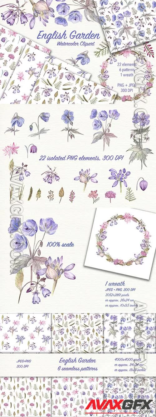 Watercolor Flowers - English Garden Patterns and Wreath