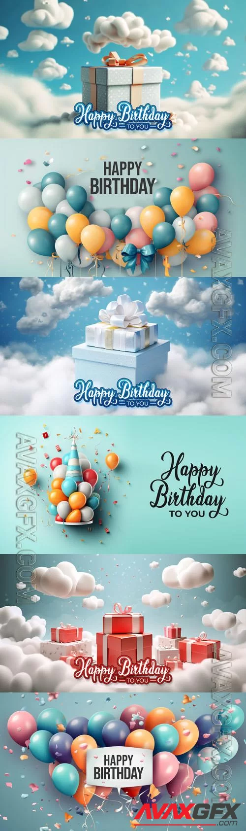 Happy birthday psd backgrounds with gift boxes and balloons