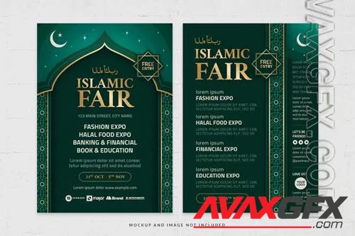 Islamic middle eastern emerald green and gold style flyer template in psd