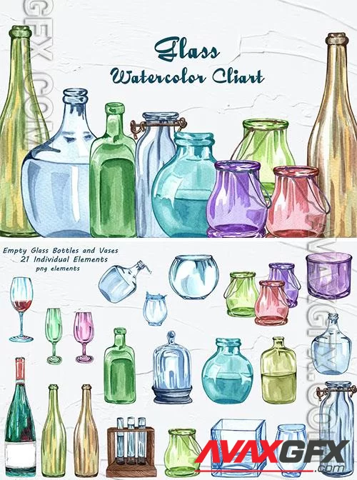 Bottle Glass Watercolor Clipart [PNG]