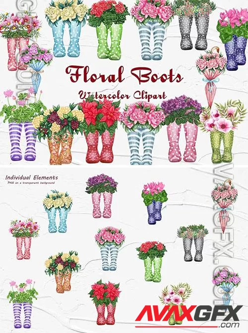 Floral Wellies Watercolor Clipart [PNG]