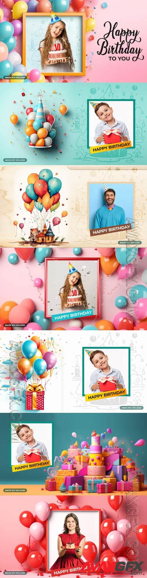 Happy birthday psd backgrounds with balloons and photo frame