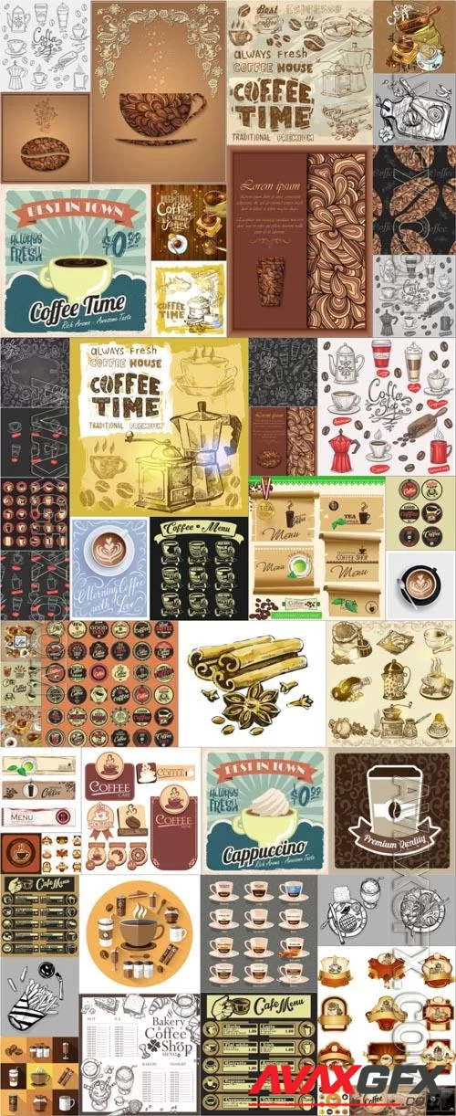 50 Coffee, labels, logos, coffee menu, collection in vector