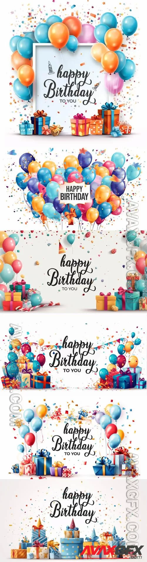 Happy birthday psd backgrounds with balloons and gift boxes