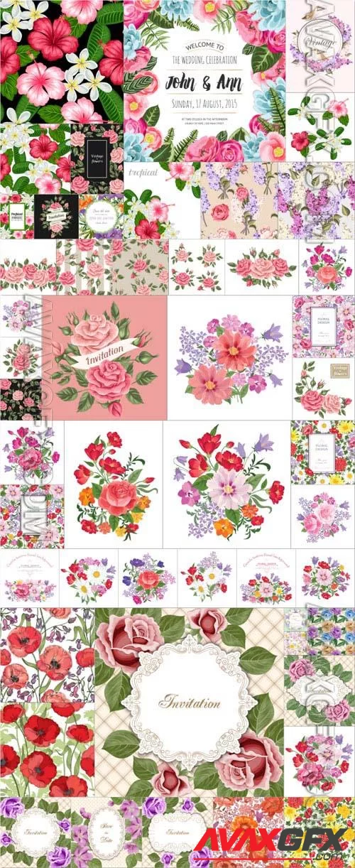50 Floral backgrounds, tropical flowers, bouquets, wedding invitations collection in vector