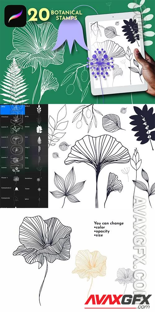 Botanical Procreate brush, floral ipad stamps, tattoo stamp