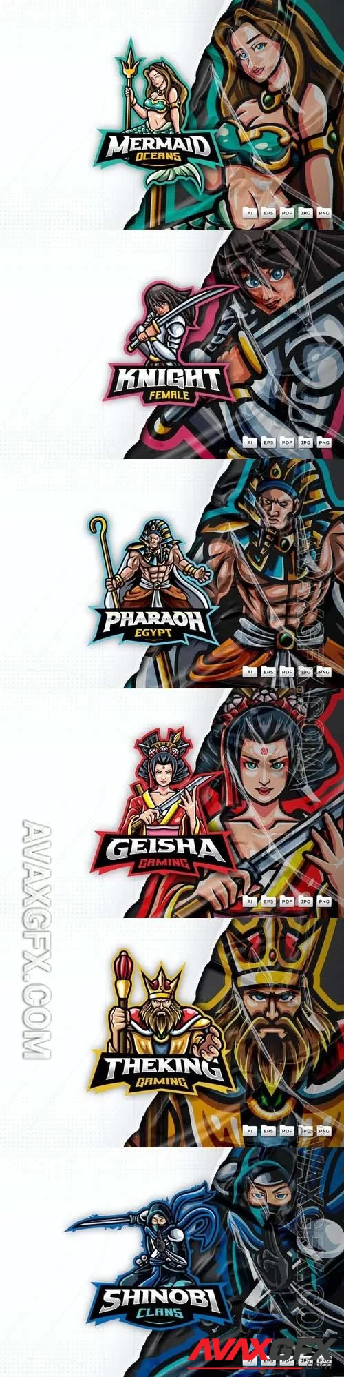 King, shinobi, pharaoh, mermaid, geisha, female knight, mascot logo design