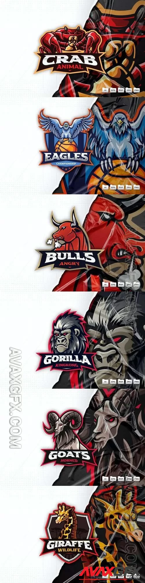 Gorilla, goat, giraffe, eagle, crab, bull, mascot logo design