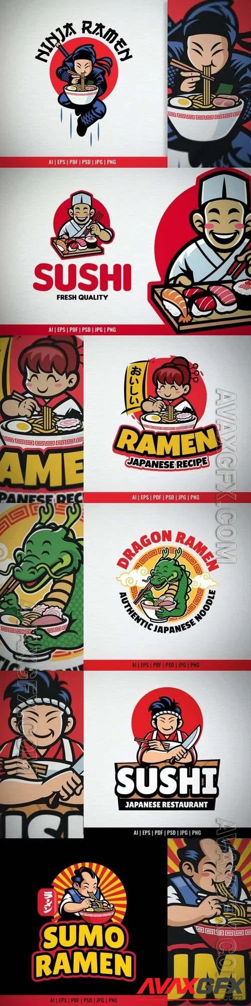 Cartoon sushi chef logo mascot, sumo ramen restaurant
