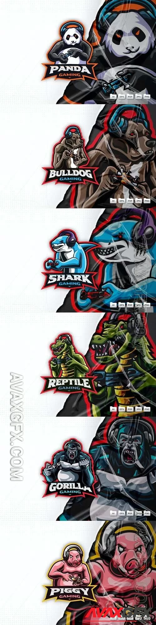 Crocodile, gorilla, panda, pig, shark, bulldog, gamer mascot logo design